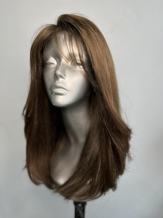 "Velvet Chestnut Brown" 20-Inch Brown Layered Human Hair Wig with Silk Base Front Lace