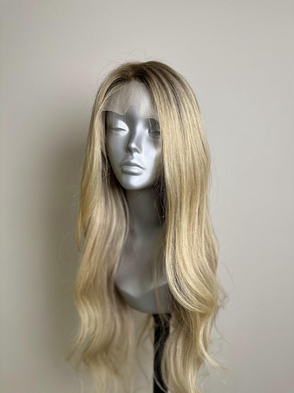 "Blonde Luxe" Front Lace Wig with Silk Base - Curtain Bangs & Bob Cut | Natural Look, Virgin Human Hair