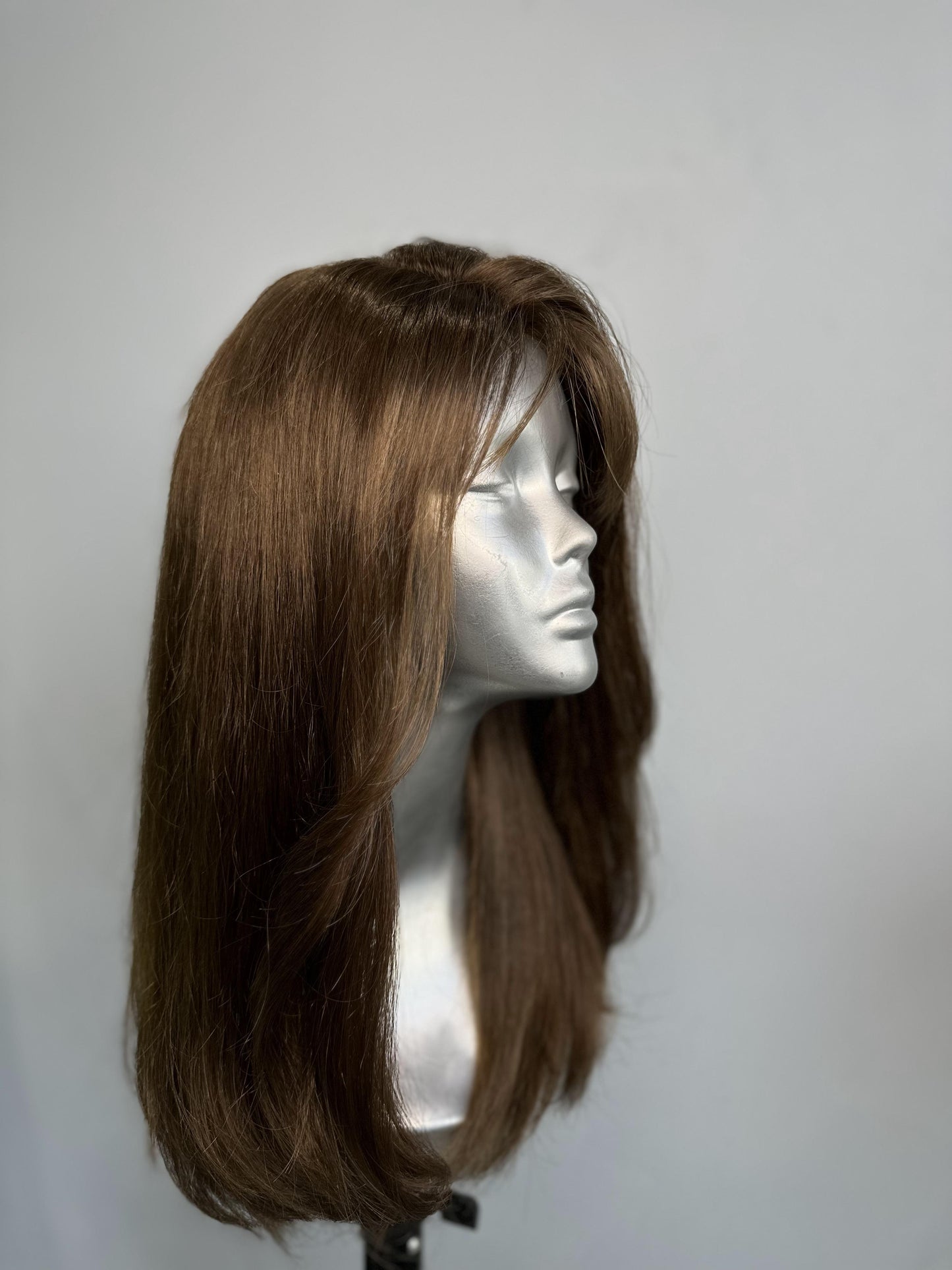 "Velvet Chestnut Brown" 20-Inch Brown Layered Human Hair Wig with Silk Base Front Lace