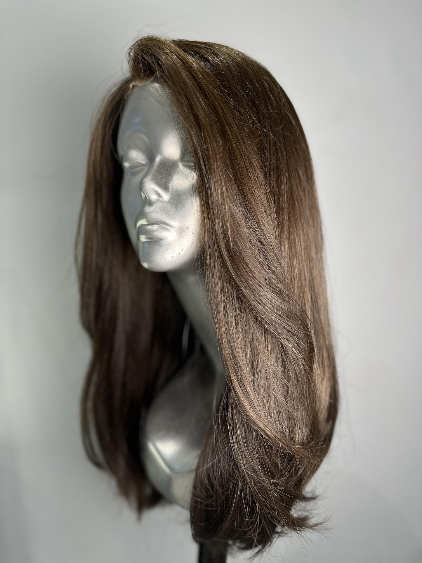 "Velvet Chestnut Brown" 20-Inch Brown Layered Human Hair Wig with Silk Base Front Lace