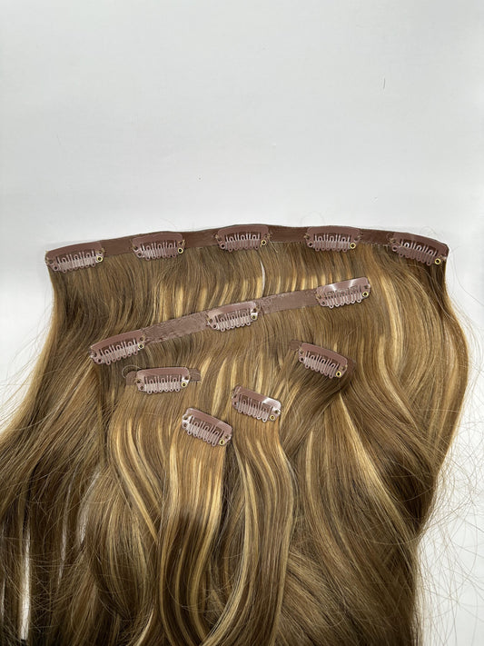 Caramel Highlighted PU Base Clip-In Hair Extension Set - Seamless Virgin Human Hair