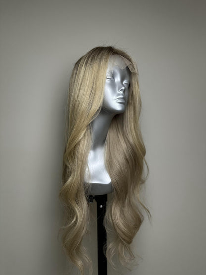 "Blonde Luxe" Front Lace Wig with Silk Base - Curtain Bangs & Bob Cut | Natural Look, Virgin Human Hair