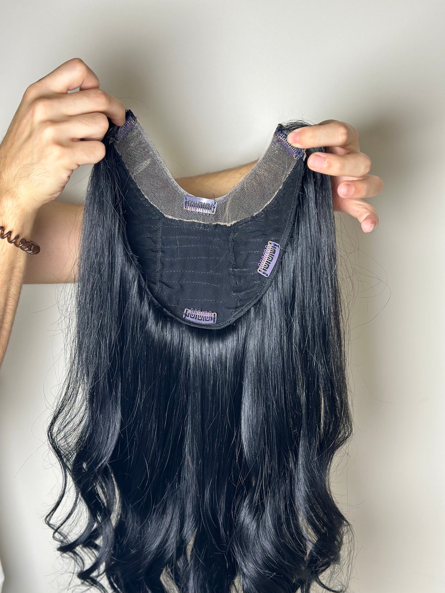 Seamless Black Straight Lace Hair Topper with Wavy Ends