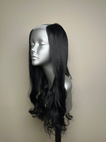 Seamless Black Straight Lace Hair Topper with Wavy Ends