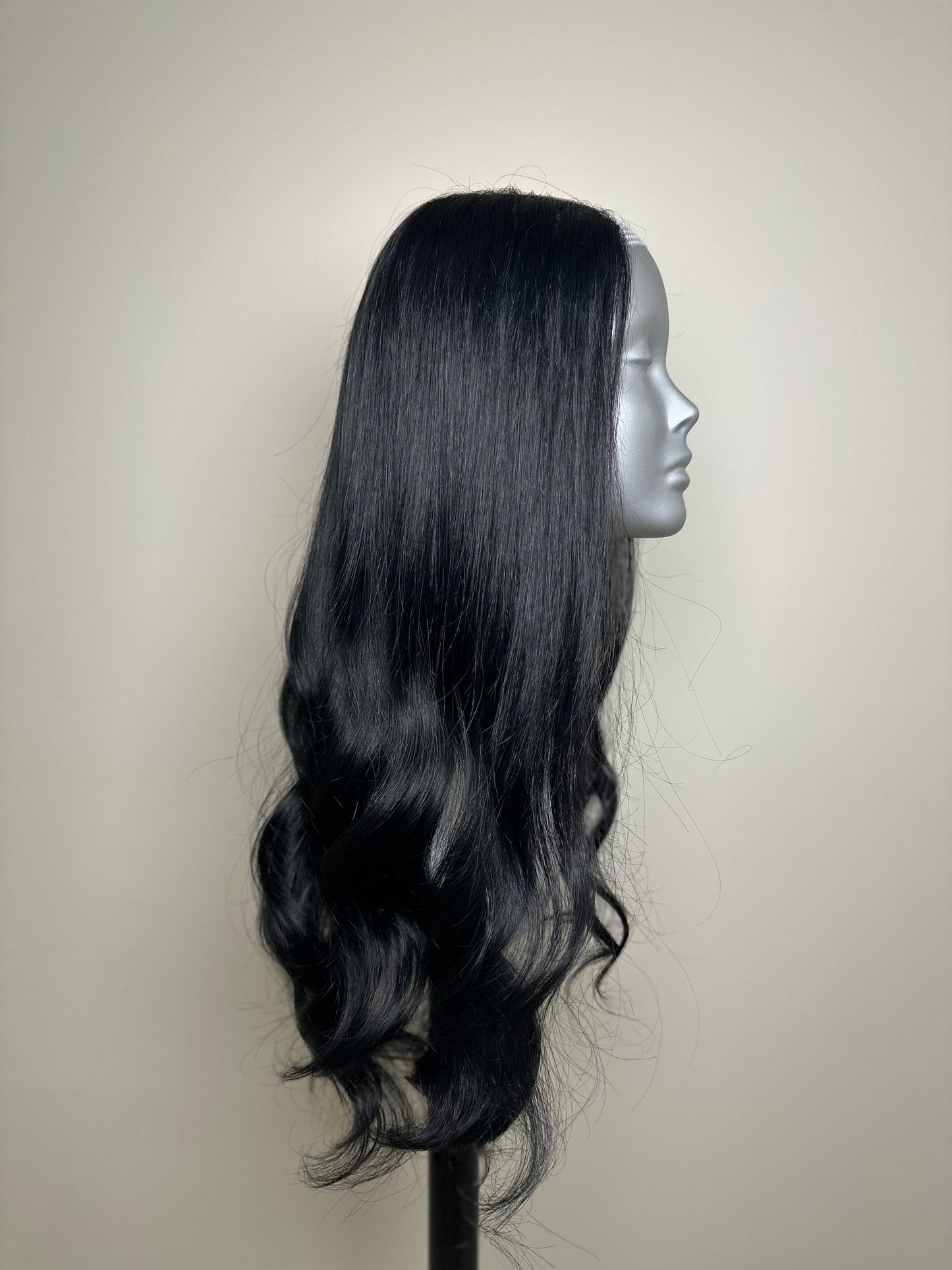 Seamless Black Straight Lace Hair Topper with Wavy Ends