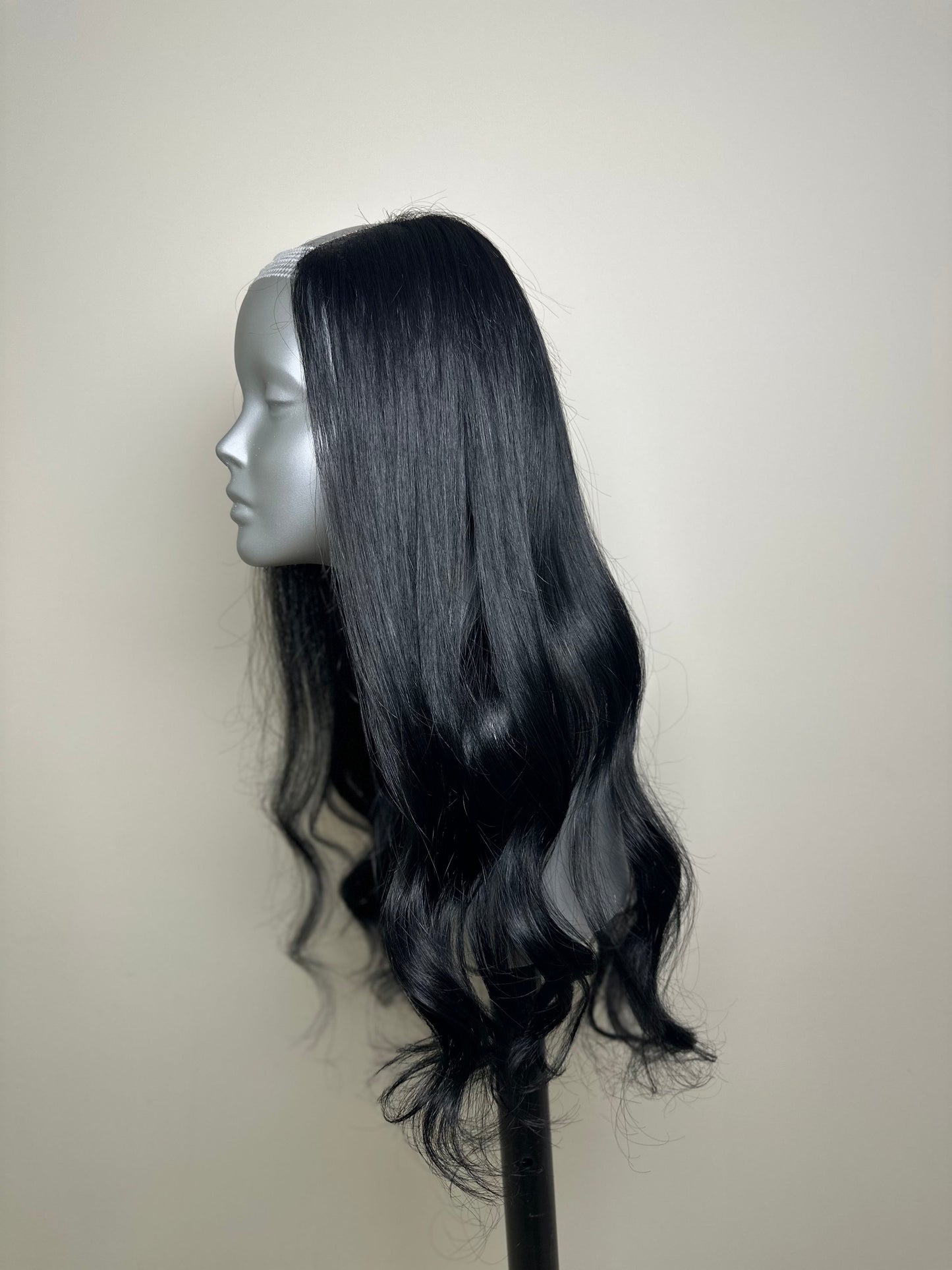 Seamless Black Straight Lace Hair Topper with Wavy Ends